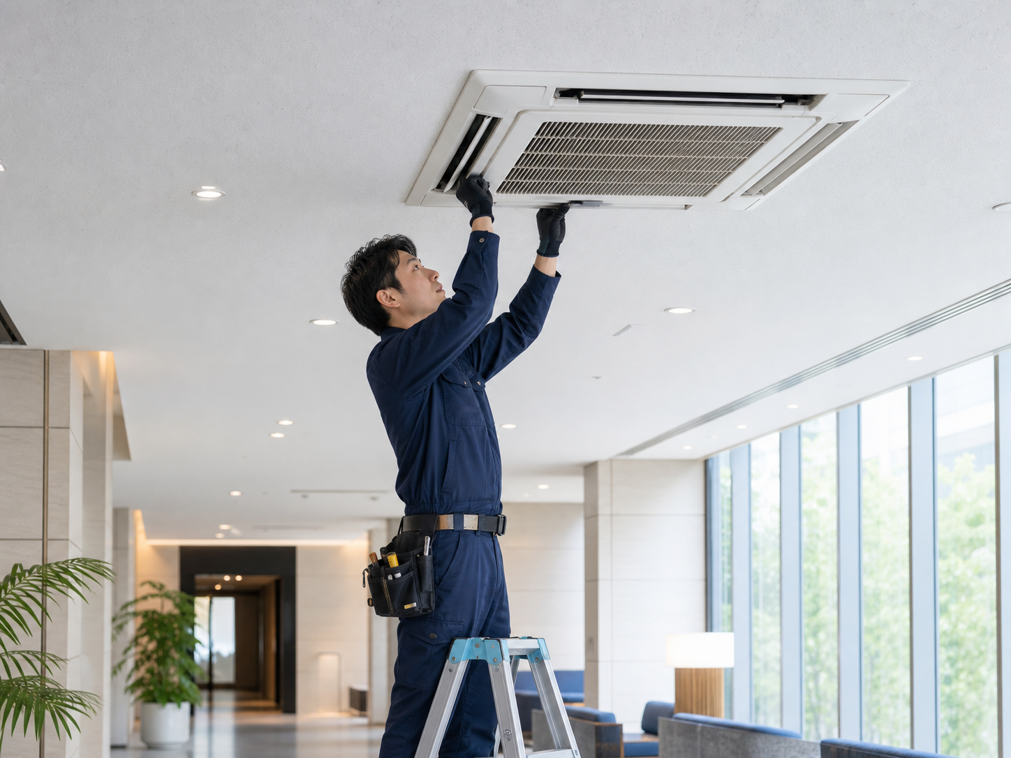 天井カセット形エアコンを施工する技術者