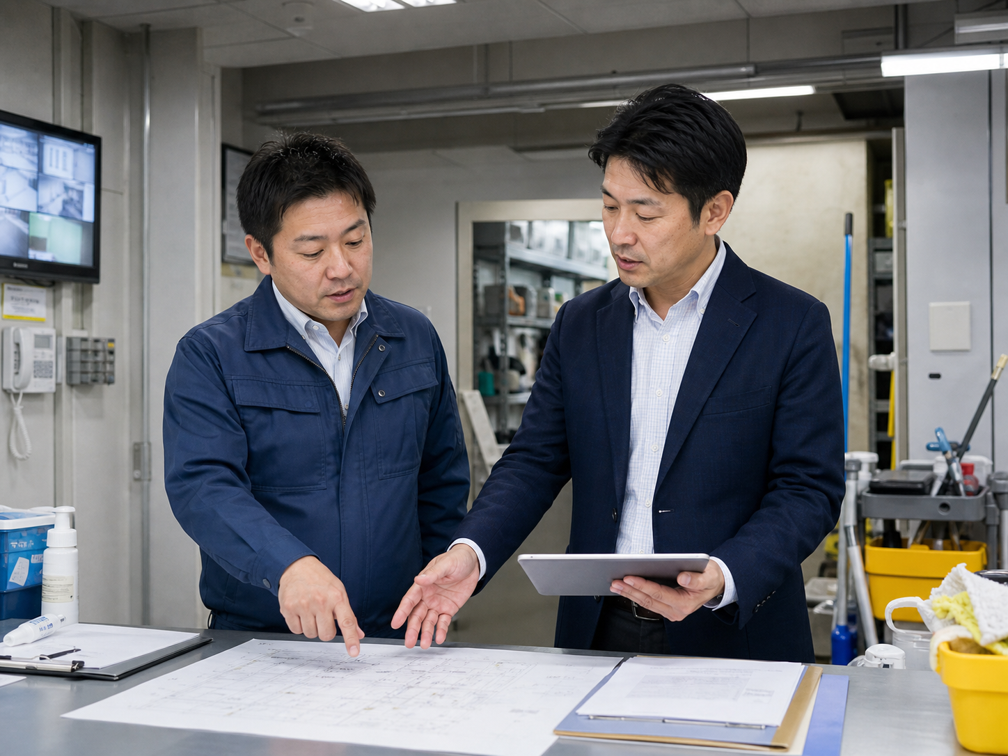 メンテナンス会社の新しい事業計画を確認する担当者
