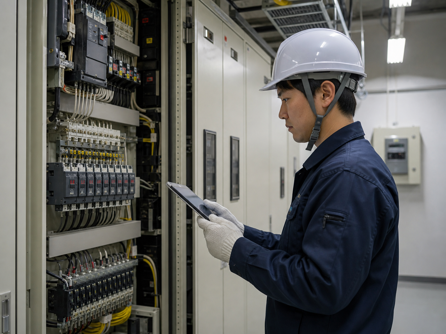 マンションの電気設備を確認する技術者