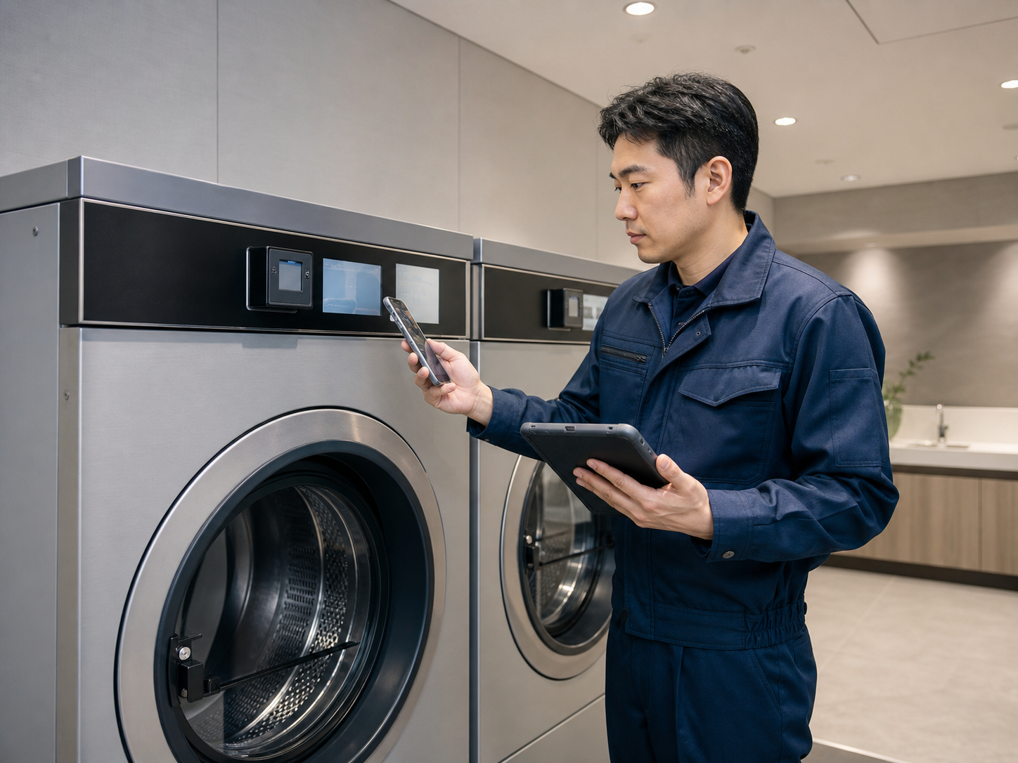 ランドリー機器の通信と決済を確認する技術者