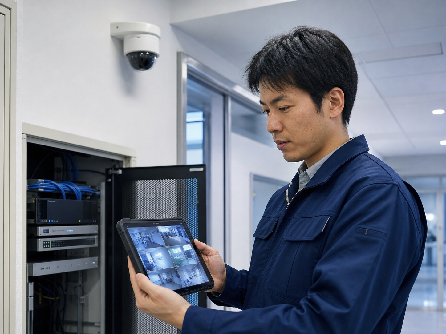 タブレットで防犯カメラ映像を確認する技術者